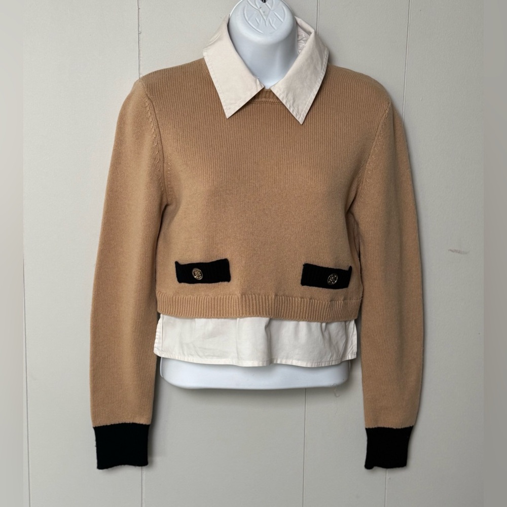 Sandro Tan and Black Crew Neck Sweater